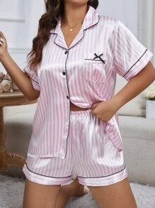Màu hồng & Trắng Sọc Ngắn tay Áo Và Quần short Trang phục mặc nhà Bộ Với Bowknot Chi tiết Túi - Màu Hồng baby - Xem 1