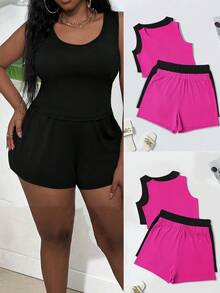 Slaydiva 大尺碼女士單色背心短褲套裝,多件組合 - 彩色 - 查看 6