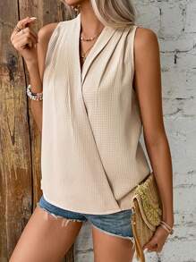 Breezaya Women's Solid Color Pleated Wrap Sleeveless Blouse - Khaki - View 4