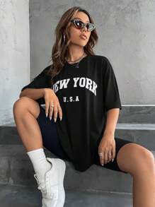 StreetHx 简约英伦印花休闲街头风格 T 恤图案 T 恤女式上衣 - 黑色 - 查看 3