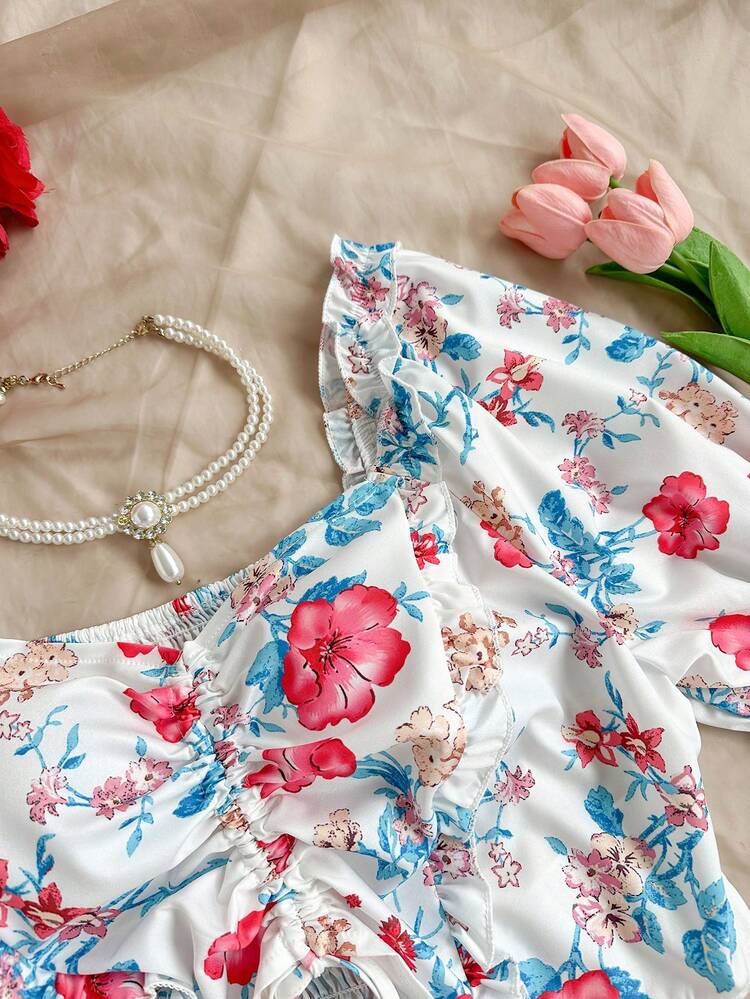 Plus Size Floral Print Cropped Blouse With Ruffle Hem And Drawstring