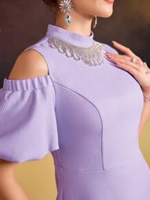 Modelyn 女式露肩泡泡袖连衣裙配水钻装饰立领长款晚礼服 - 紫色 - 查看 6