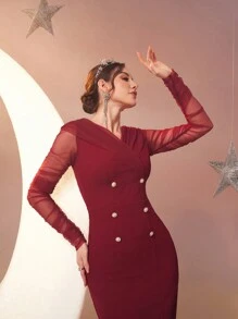 Modelyn 女士 V 领透明网眼长袖双排扣连衣裙，优雅晚会礼服 - 紅色 - 查看 8