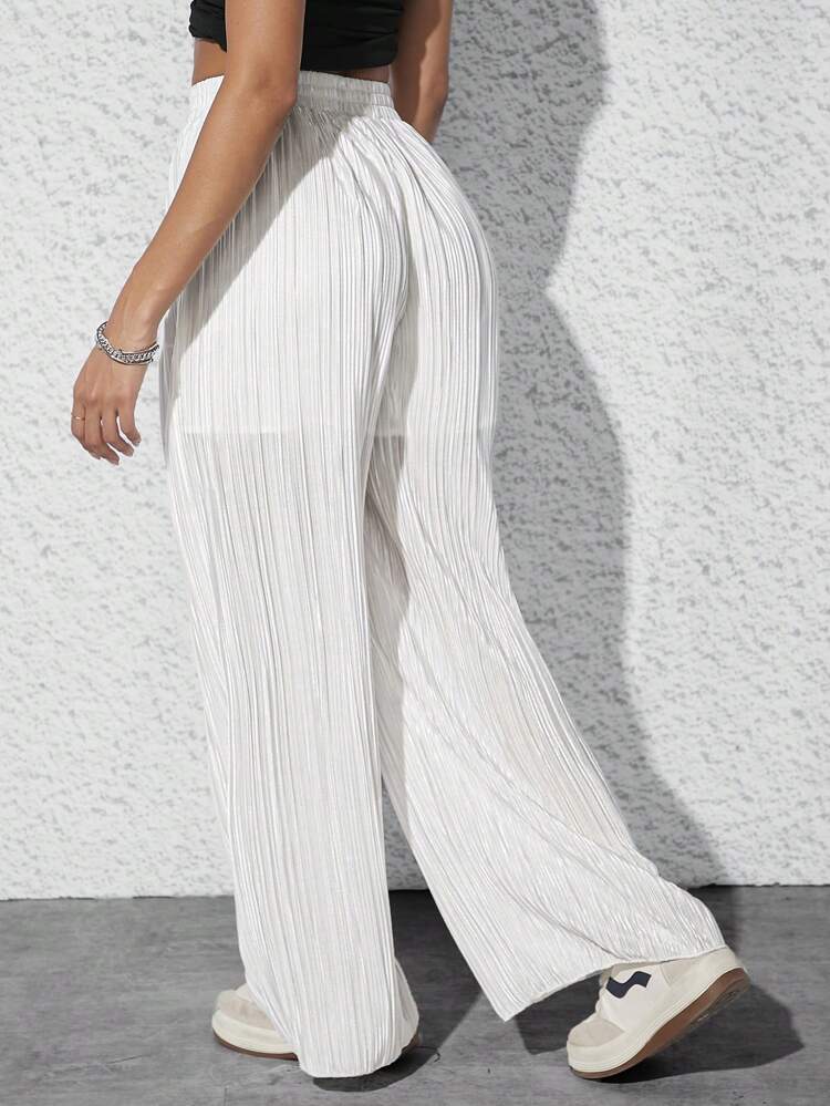 Ruffle Trim,Plisse,Drawstring Waist Wide Leg Pants
