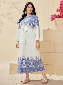 Mulvari Plus Size Women's Floral Printed Round Neck Pleated Dress - Blue and White - View 6