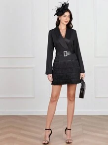 Chiquease Ladies' Fringed Hem Suit Dress With Shawl Collar - Black - View 5