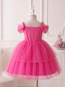 SHEIN Glamorique Kids Mother's Day Gift Mommy And Me Outfits Jasmine Princess Dress Rose Red Birthday Party Wedding Festival Dress Girls Bubble Sleeve Dress Gemstone Stage Middle East Summer Beach Playful Tropical Seaside Four Seasons - Hot Pink - View 2