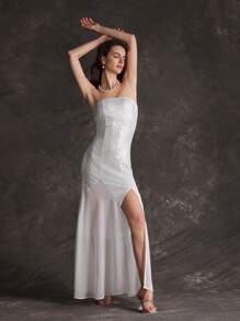 Anewsta Women's Strapless Sequin Patchwork Slit Dress - White - View 6