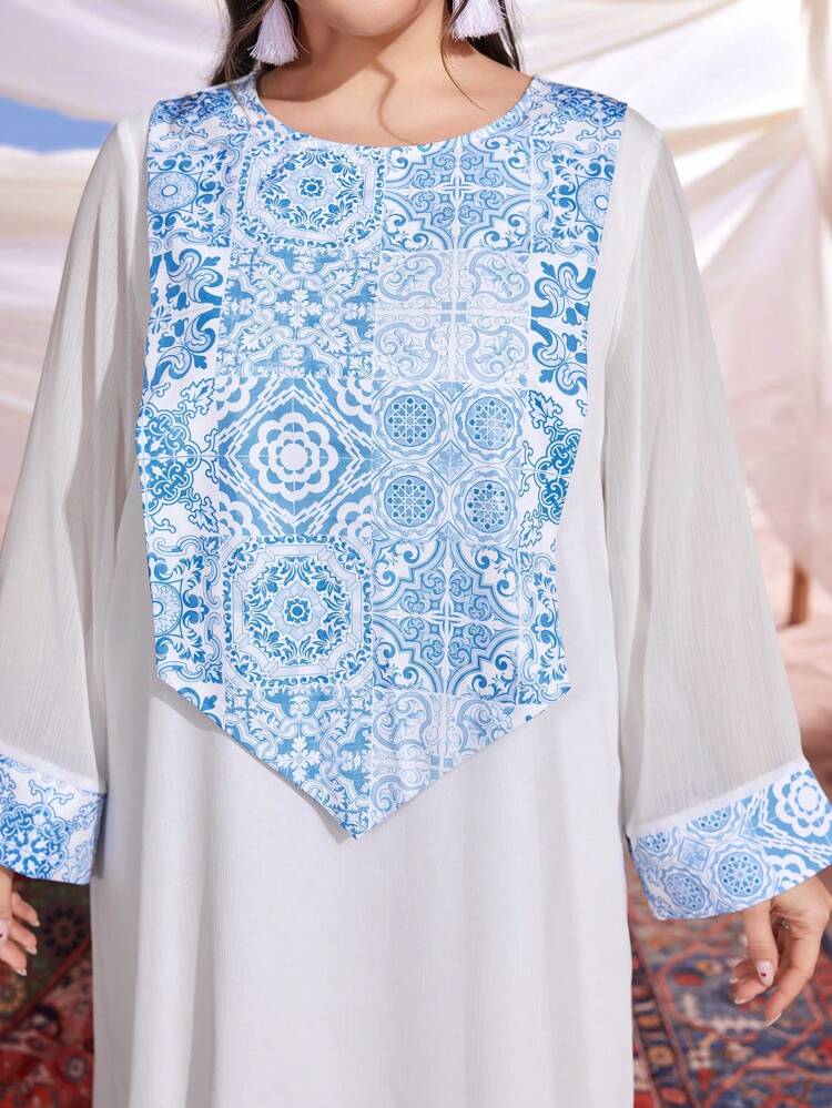 Plus Size Women's Floral Printed Round Neck Chiffon Arabic Clothing, Modest Full Length Jalabiya