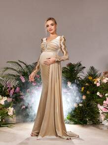 Faeriesty Dressalisa Maternity Plunging Neck Ruched Draped Side Velvet Formal Party Dress - Champagne - View 3