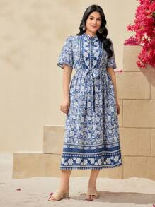 Mulvari Plus Size Ladies' Floral Print Puff Sleeve Dress - Blue - View 7