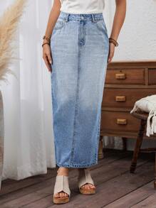 SHEIN X SAMADHI SHEIN LUNE Women's Zipper High Waist Long Denim Skirt With Pockets
