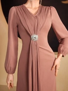 Modelyn Ladies' Pleated Puff Sleeve Dress Long Evening Dresses Fall Cloth For Women