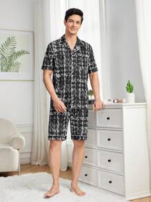 Men's Plaid Short-Sleeved Tops, Shorts, Home Clothes Set