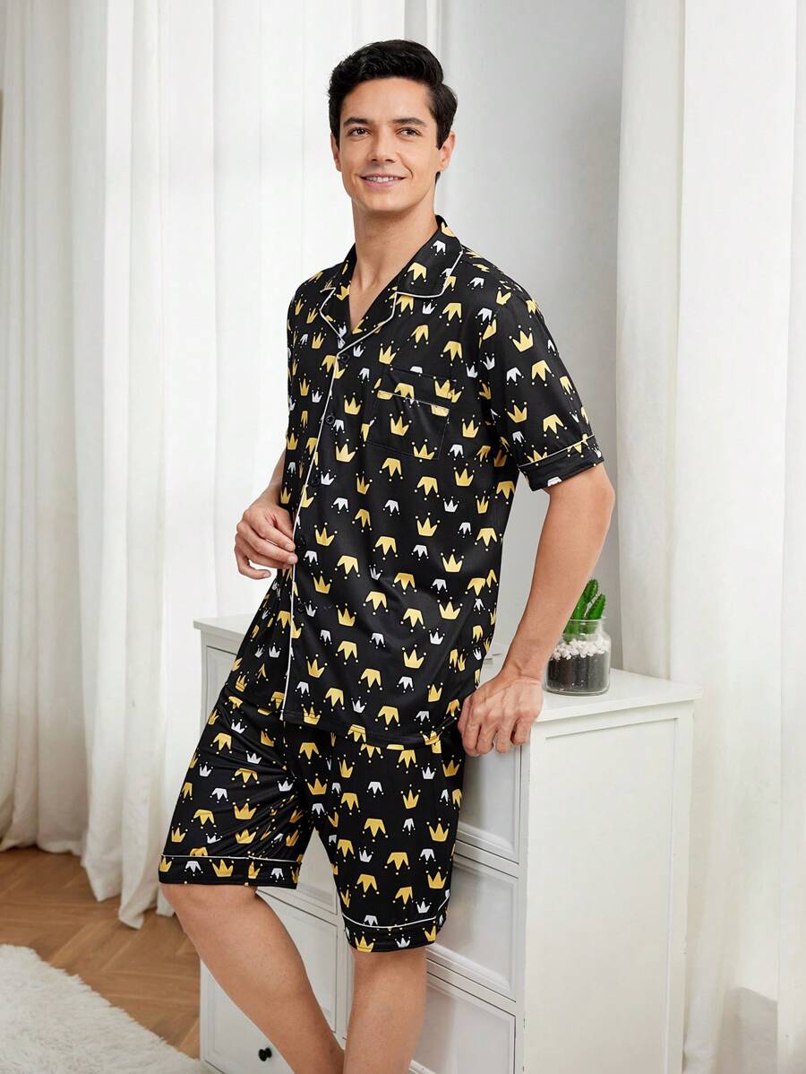 Men's Crown Pattern Short Sleeve Homewear Set - Black - View 1