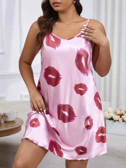 ZzzCrew Vestido de pijama con estampado de labios, amigable con la piel, para mujer de talla grande