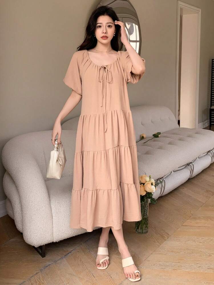 Women's Short Puff Sleeve A-Line Dress With Round Neck And Belt Design Sundress