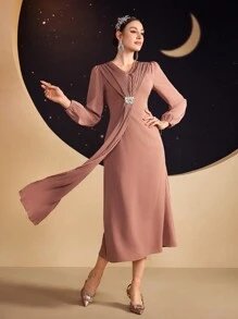 Modelyn Ladies' Pleated Puff Sleeve Dress Long Evening Dresses Fall Cloth For Women