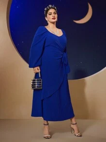 Modelyn 大码女式纯色灯笼袖心形领口连衣裙长款晚礼服 - 藍色 - 查看 5