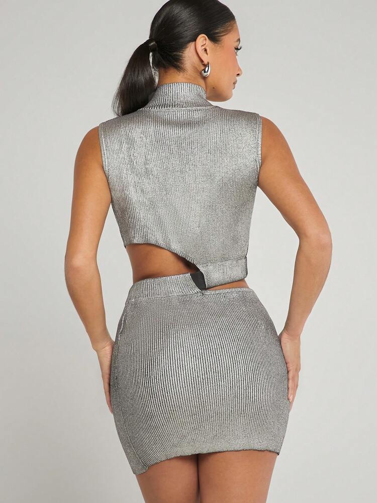 Buckle Cut Out Metallic Ribbed Dress