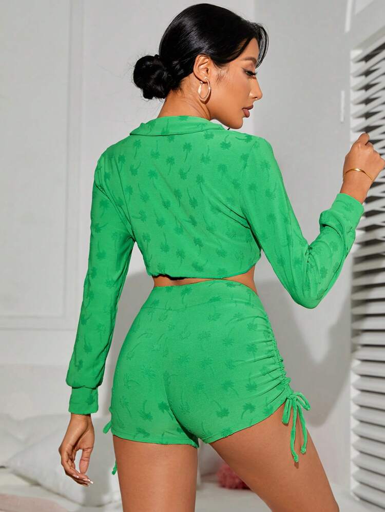 Summer Coconut Palm Design Easy Knot Front Bikini Set And Kimono