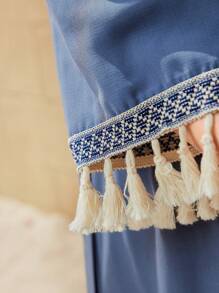 Mulvari 大尺碼女性長袖上衣與流蘇邊褲組合套裝