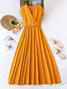 SHEIN Belle Women's Solid Color Wrap Style Waist-Cinched Dress - Yellow - View 6