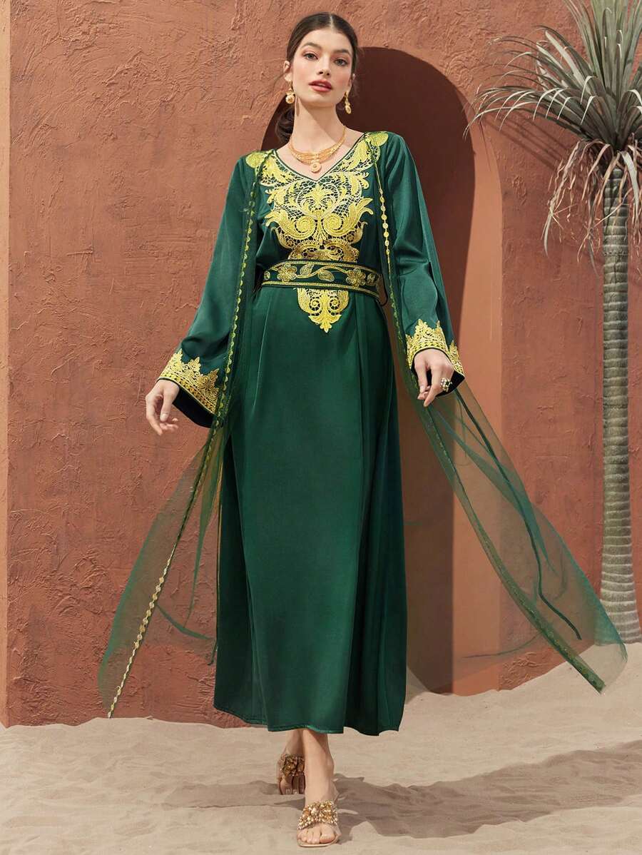 Al Najma Của phụ nữ Chi tiết thêu Tay áo chuông Váy Ả Rập - Màu xanh lá cây đậm - Xem 1