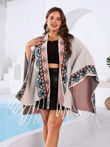 Breezaya Plus Geo Pattern Tassel Trim Wrap Cape Cardigan, For Winter - Beige - View 1