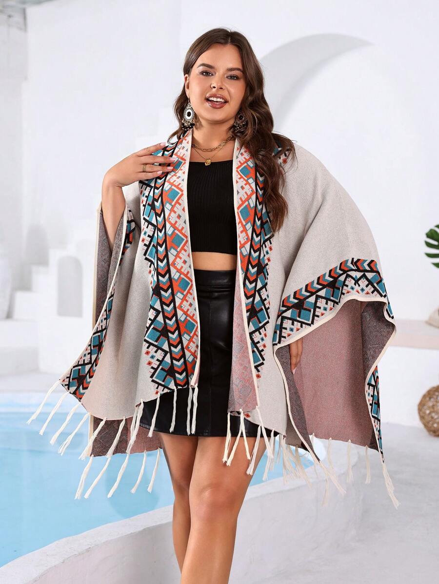 Breezaya Plus Geo Pattern Tassel Trim Wrap Cape Cardigan, For Winter - Beige - View 1