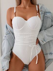 SHEIN Swim 女式单肩吊带泳衣，腰带设计（带衬垫罩杯和钢圈支撑），适合夏季、海滩、游泳、度假 - 白色 - 查看 1