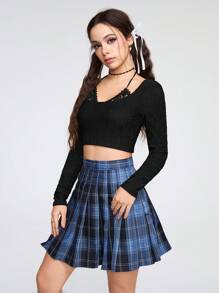 ROMWE Kawaii 復古性感二合一緊身長袖t恤女裝 - 黑色 - 查看 4