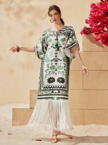 Seusyu 女士植物印花長裙,流蘇扎帶裙 - 彩色 - 查看 4