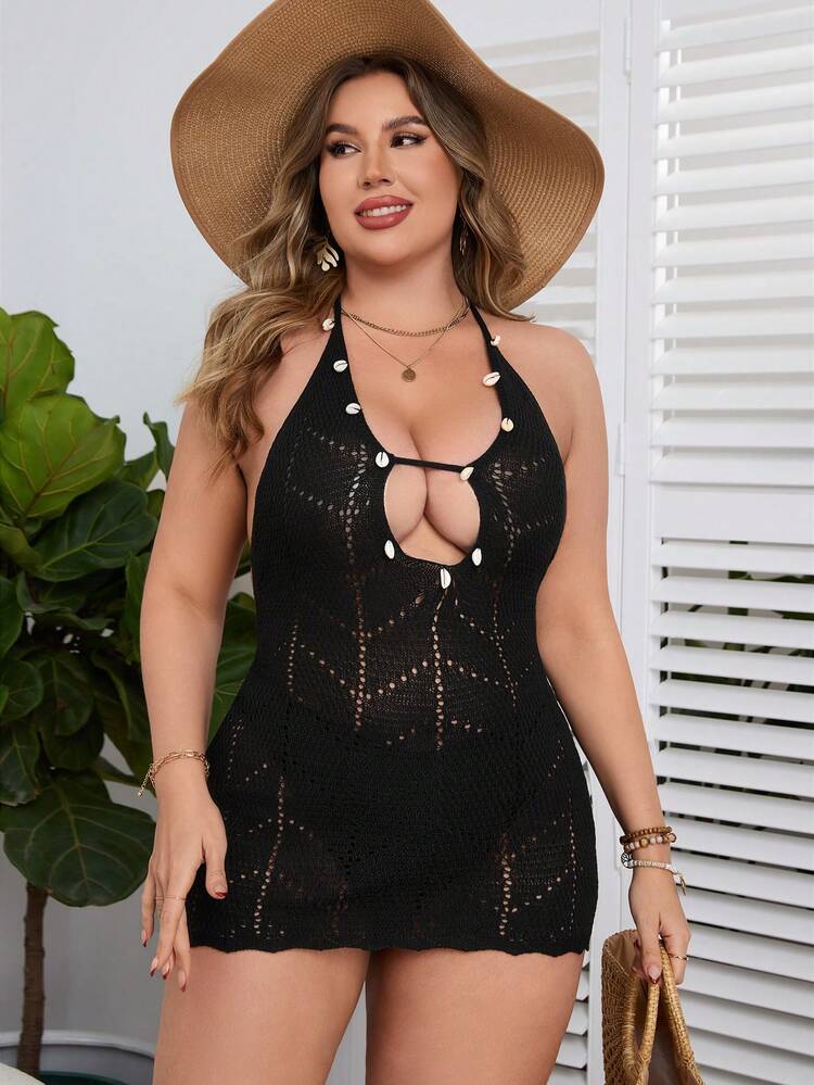 Summer Plus Size Women's Hollow Out Halter Neck Cover Up Dress