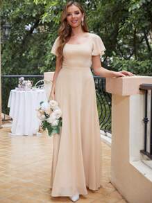 Jednolita Kolorowa Okrągła Dekolt Boczny Rozcięcie Talii Sukienka Dla Druhny - Szampan - Zobacz 8