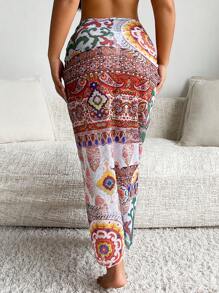 Swim Vcay 随机印花不对称下摆长裙罩衫，适合度假、夏季海滩 - 彩色 - 查看 4