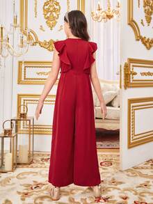 SHEIN Tween Girls' 可愛宮廷風格圓領荷葉邊連身褲長褲 - 紅色 - 查看 3
