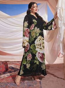 Al Najma Ramadan Plus Floral Print Notched Neckline Dress - Black - View 6