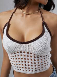SHEIN Unity Women's Colorblock Halter Neck Hollow Out Knitted Top - White - View 6