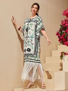 Seusyu 女士植物印花長裙,流蘇扎帶裙 - 彩色 - 查看 2