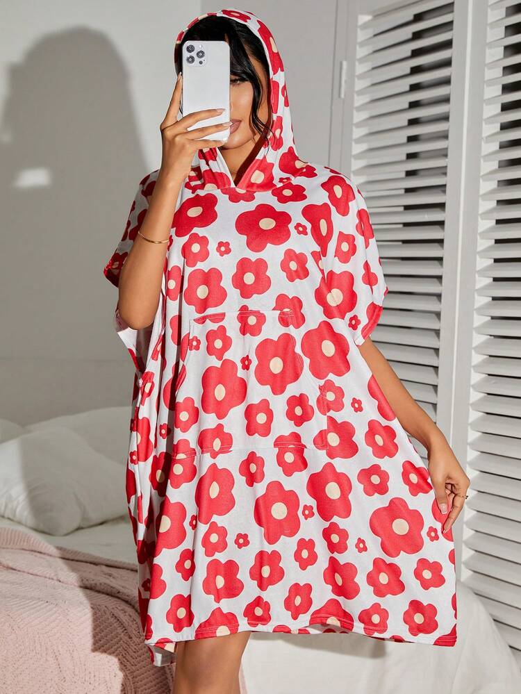 Women's Full Printed Floral Hooded Cover Up Summer
