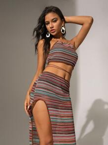 Zolique Women's Vacation Style Striped Halterneck Top And Skirt Two Piece Set - Multicolor - View 7