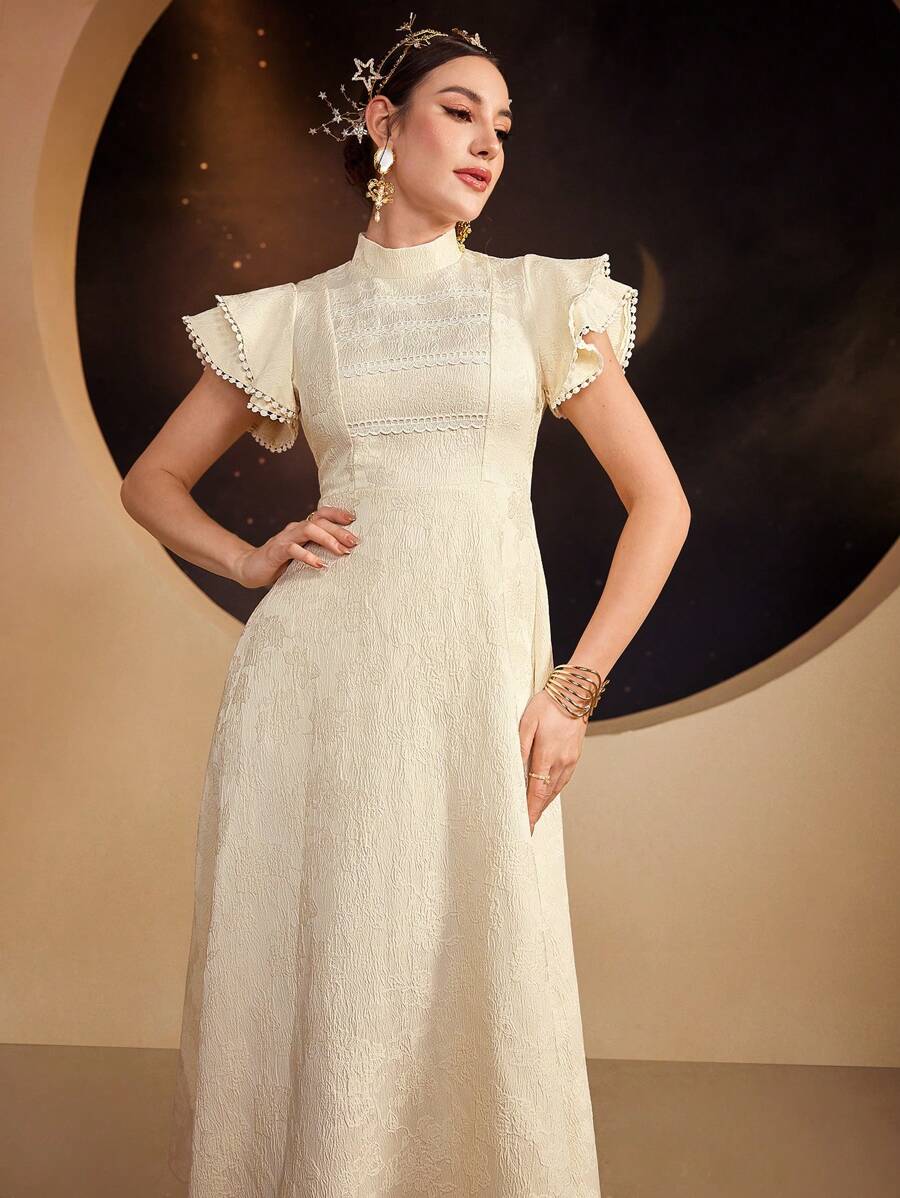 modelyn-ladies-jacquard-stand-collar-lace-ruffle-dress-maxi-women