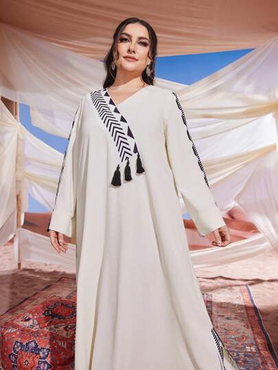 Al Najma Plus Geo Print Tassel Detail Jalabiya Dress