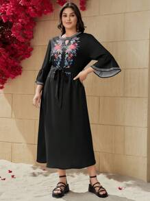 Mulvari Plus Size Women's Floral Printed Dress With Ribbon Patchwork - Black - View 6