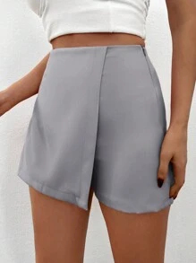 EURMUSE 100%Cotton Solid Color Asymmetrical Hem Skort - Grey - View 3