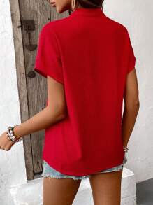 EMERY ROSE Blusa de mujer de unicolor con cuello muescado y mangas tipo murciélago, top de manga corta - Rojo - Ver 2