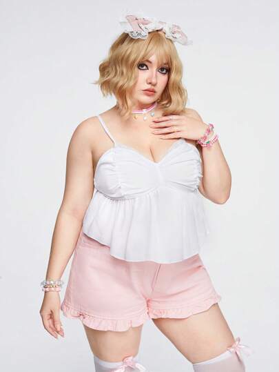 Kawaii Plus Size Vintage Sweet Asymmetrical Hem Spaghetti Strap Tank Top