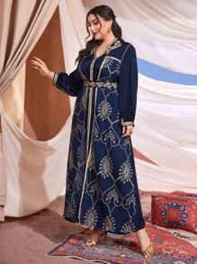 Layrah 大碼女裝刺繡束腰阿拉伯長袍 - 寶藍色 - 查看 6