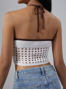 SHEIN Unity Women's Colorblock Halter Neck Hollow Out Knitted Top - White - View 2